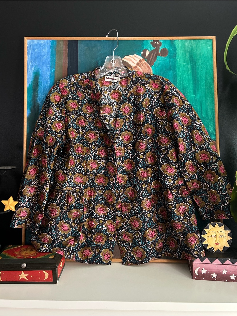 Fabindia Silk Blend Floral Open Front Jacket Cardigan Boho Women’s Large